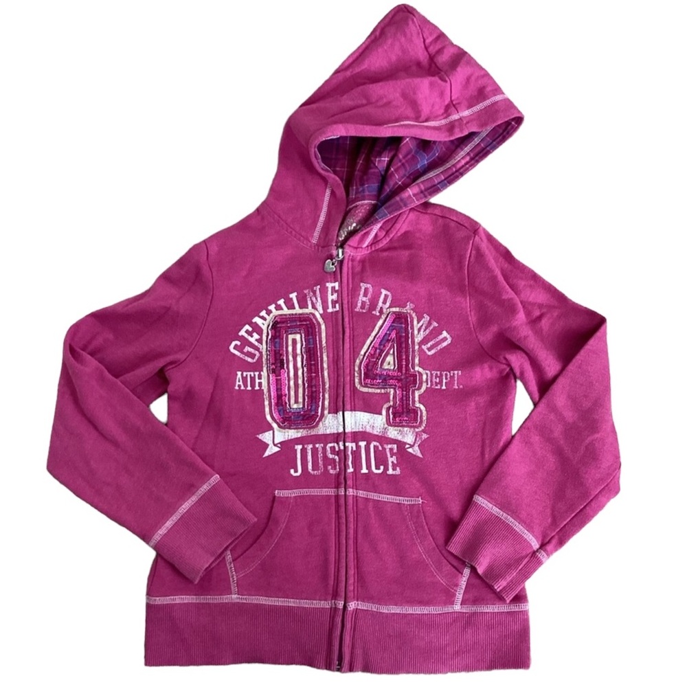 Justice 2010 zip up pink hoodie sweatshirt | girls 8 | plaid sequins fall winter